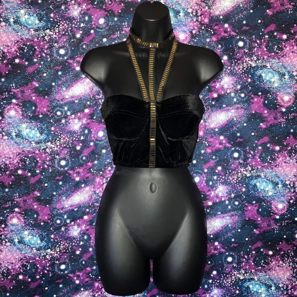 Forever 21 Black Velvet Gold Metallic Bustier Top